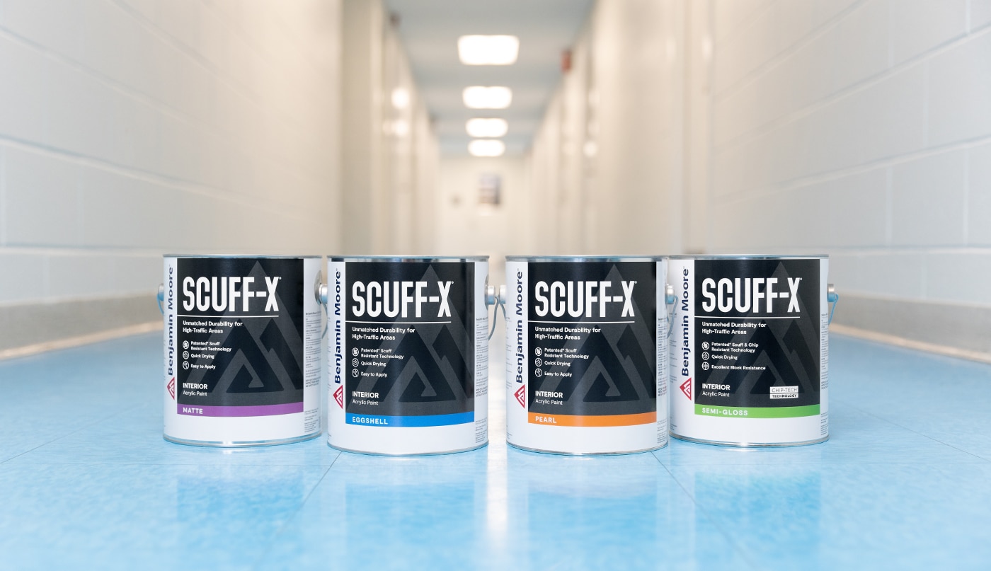 Four 3.79 L cans of Scuff-X Interior paint in matte, eggshell, satin and semi-gloss finishes.