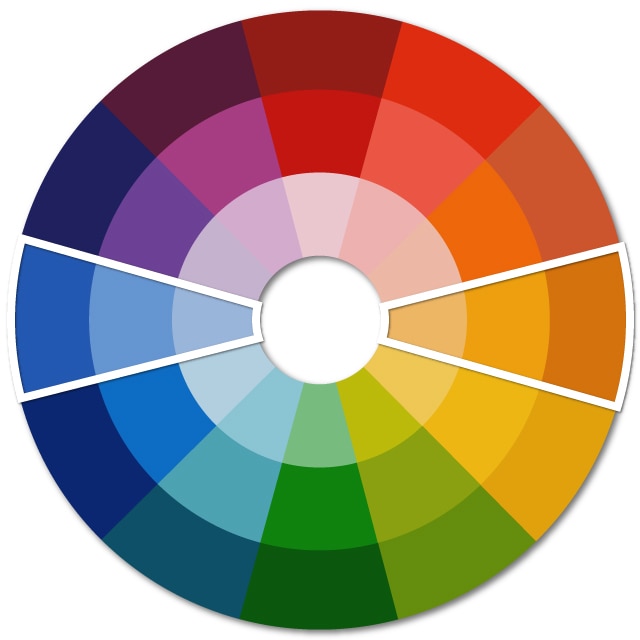 A color wheel with a white perimeter around a section of blue hues and section of orange hues.