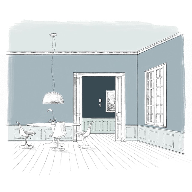 A sketch of a dining area with blue-painted walls, a light blue-painted ceiling and wainscoting, and two doors opening to a dark navy blue hallway.