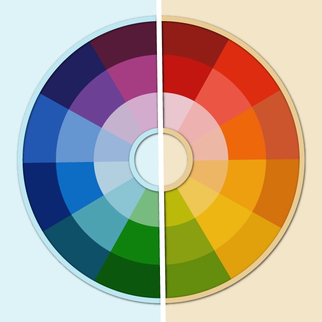 A white vertical line divides a color wheel in half, with the cool hues shaded in light blue and the warm hues shaded in tan.