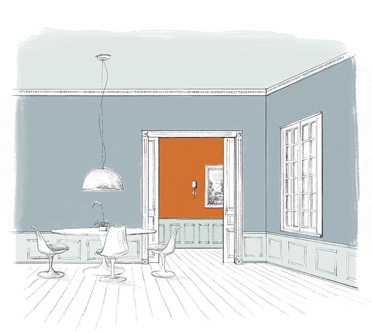 A sketch of a dining area with blue-painted walls, a light blue-painted ceiling and wainscoting, and two doors opening to a bright orange hallway.