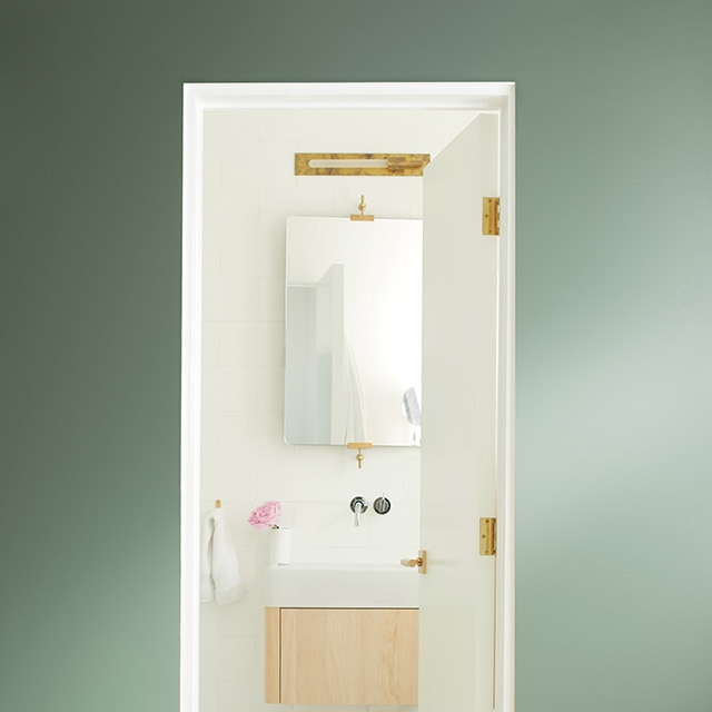 A green painted hallway wall with a white door opened into a white painted bathroom with a light wood vanity, a mirror, and a blue and white striped rug.