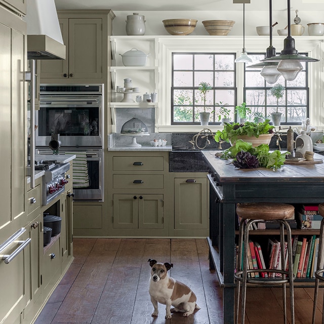 Grey kitchen cabinets against sage green walls in an attic