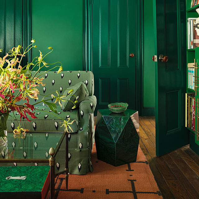 Sala de estar pintada de verde con un sofá estampado en verde, una mesa auxiliar de piedra, una mesa de centro de vidrio y estanterías a juego con las paredes.