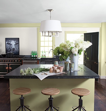 Une cuisine verte de style moderne avec des fleurs coupées et un comptoir en granit.