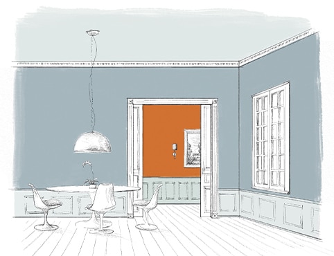 Croquis d’une salle à manger aux murs bleus avec plafond et lambris d’appui bleu pâle, et deux portes ouvrant sur un couloir orange vif.