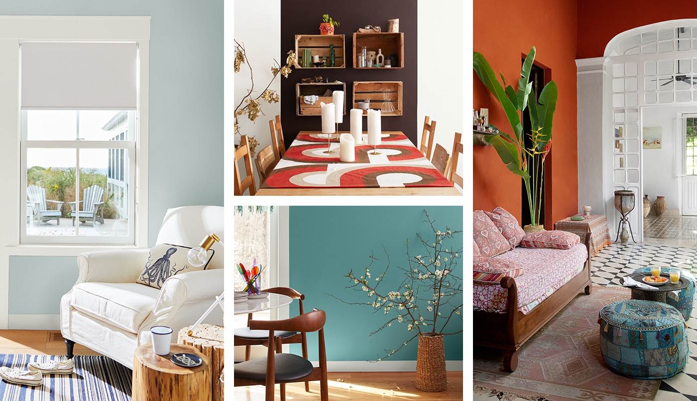 A collage of living and dining rooms painted in Benjamin Moore paint colours.