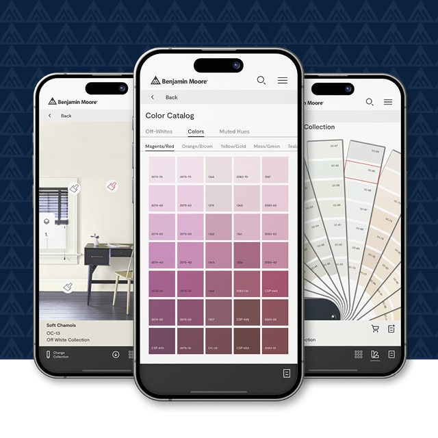 Three smart phones with visuals of the Benjamin Moore Color Portfolio® app.