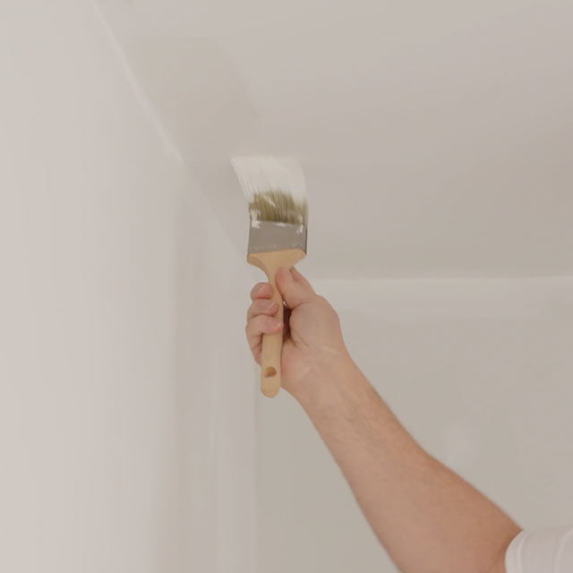 A closeup of a person painting a white ceiling corner with a paintbrush.