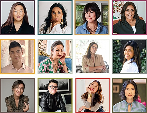 A collage of twelve designers recognized in honor of Asian American and Native Hawaiian Pacific Islander (AANHPI) Heritage Month.
