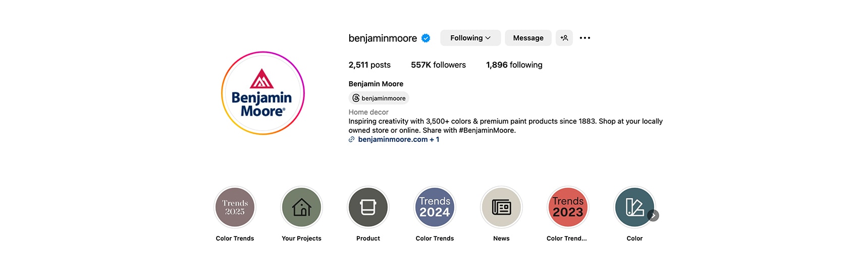 A sample Benjamin Moore Instagram post with highlights icons. 