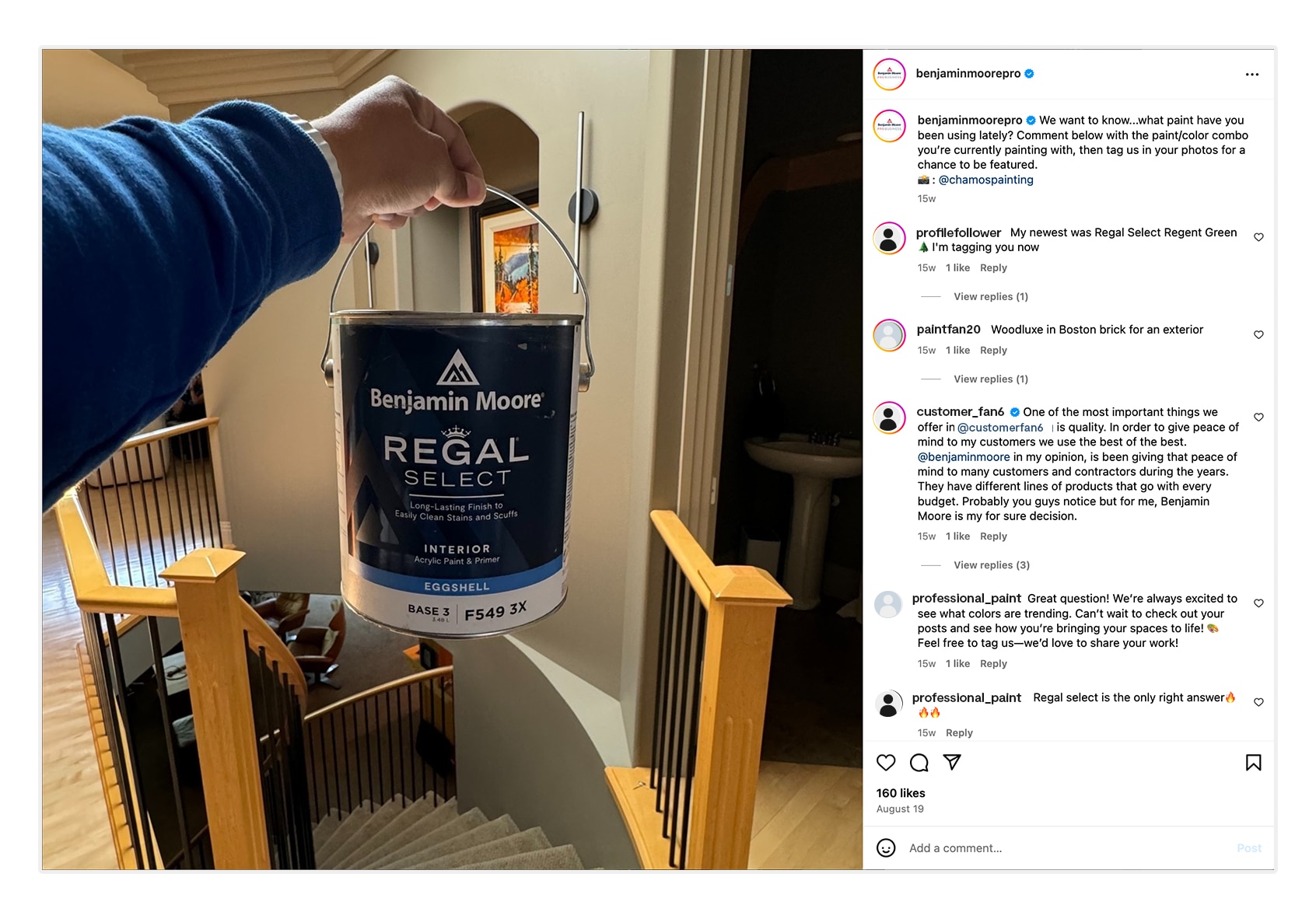 A sample Benjamin Moore Instagram post of a person holding a gallon of Regal® Select Interior paint. 