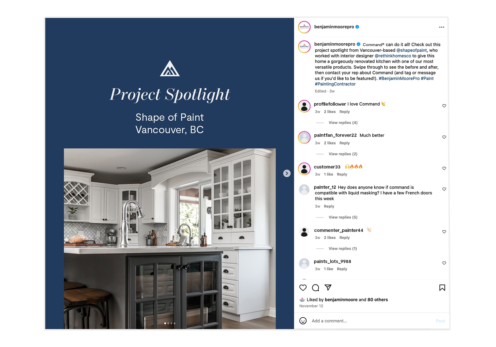 A sample Benjamin Moore Instagram post showing a renovated kitchen. 